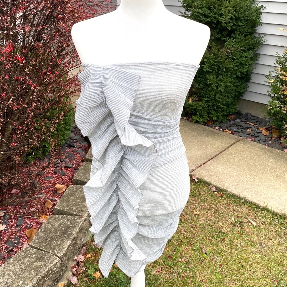 Silver Glitter Strapless Ruched Bodycon Mini Dress - Picture 2 of 9